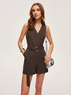 Linen Jumpsuit with Belt and V-Neck Design