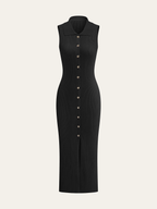 Ribbed Knit Midi Dress with Button Details