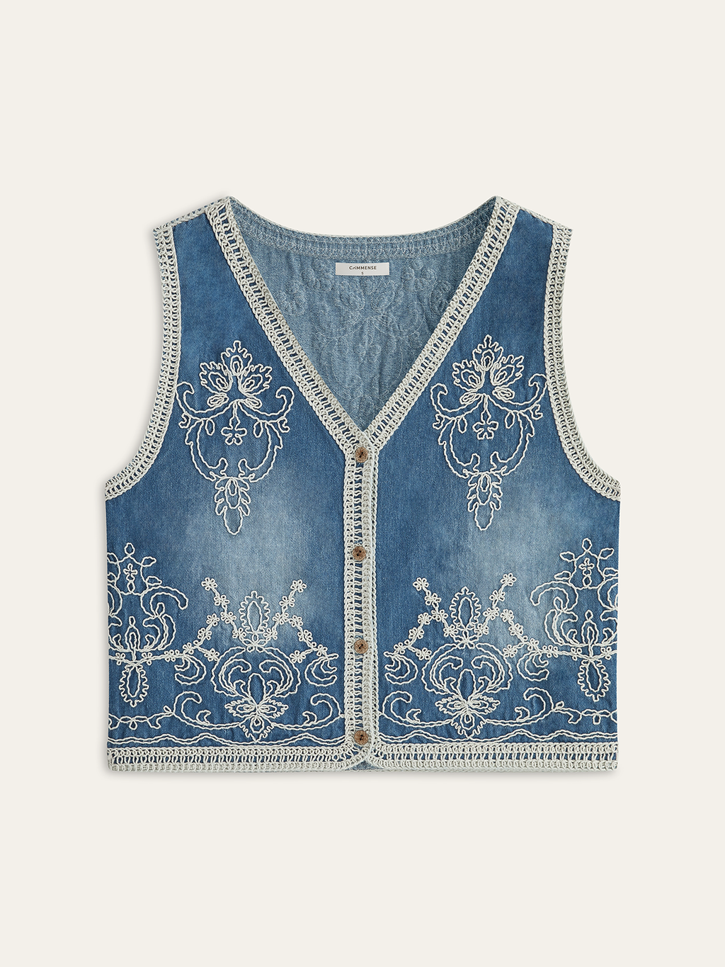 Stylish Denim Vest with Detailed Embroidery and Buttons