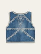 Stylish Denim Vest with Detailed Embroidery and Buttons