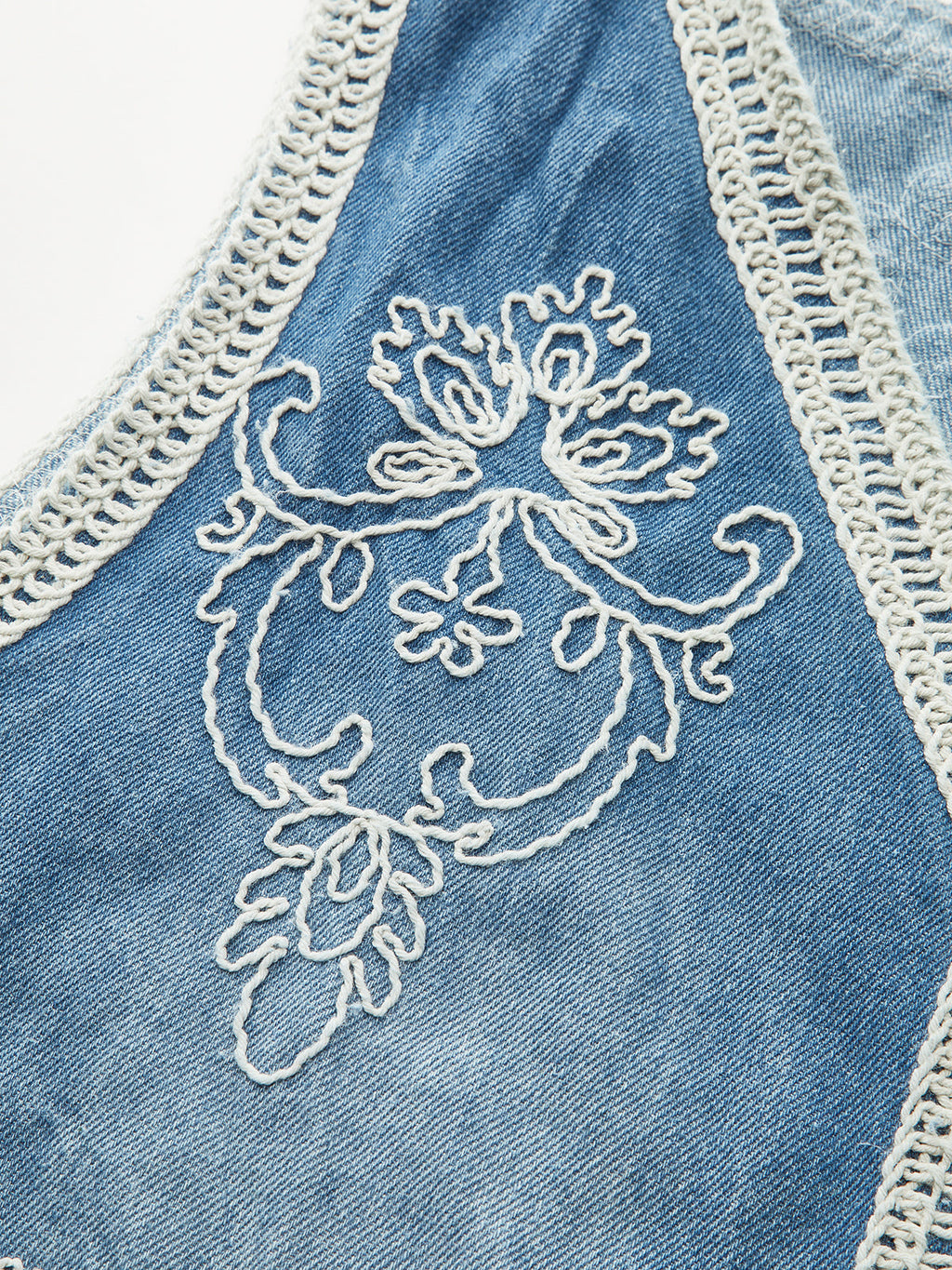 Stylish Denim Vest with Detailed Embroidery and Buttons
