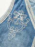 Stylish Denim Vest with Detailed Embroidery and Buttons