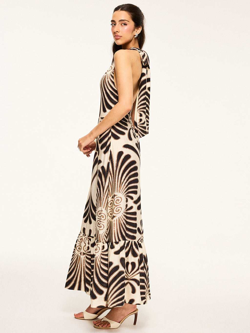 Halter Neck Backless Maxi Dress with Print Design