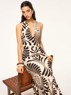 Halter Neck Backless Maxi Dress with Print Design