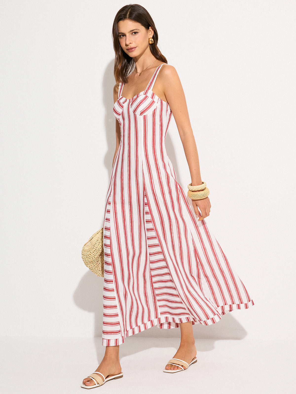 Sleeveless Striped Long Dress with Flowing Skirt