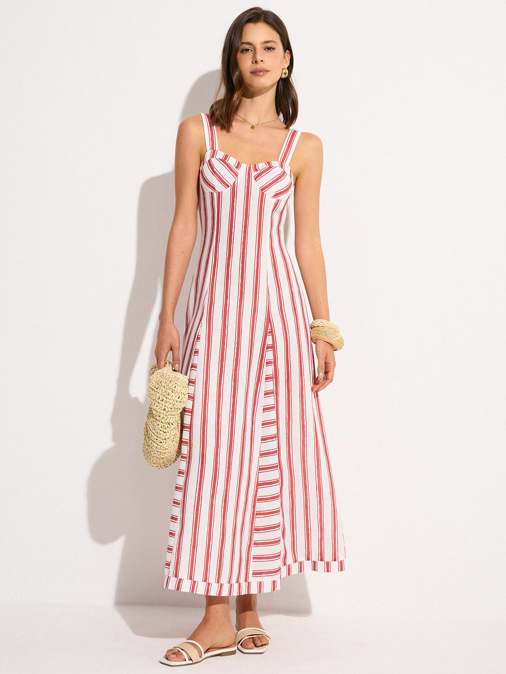 Sleeveless Striped Long Dress with Flowing Skirt