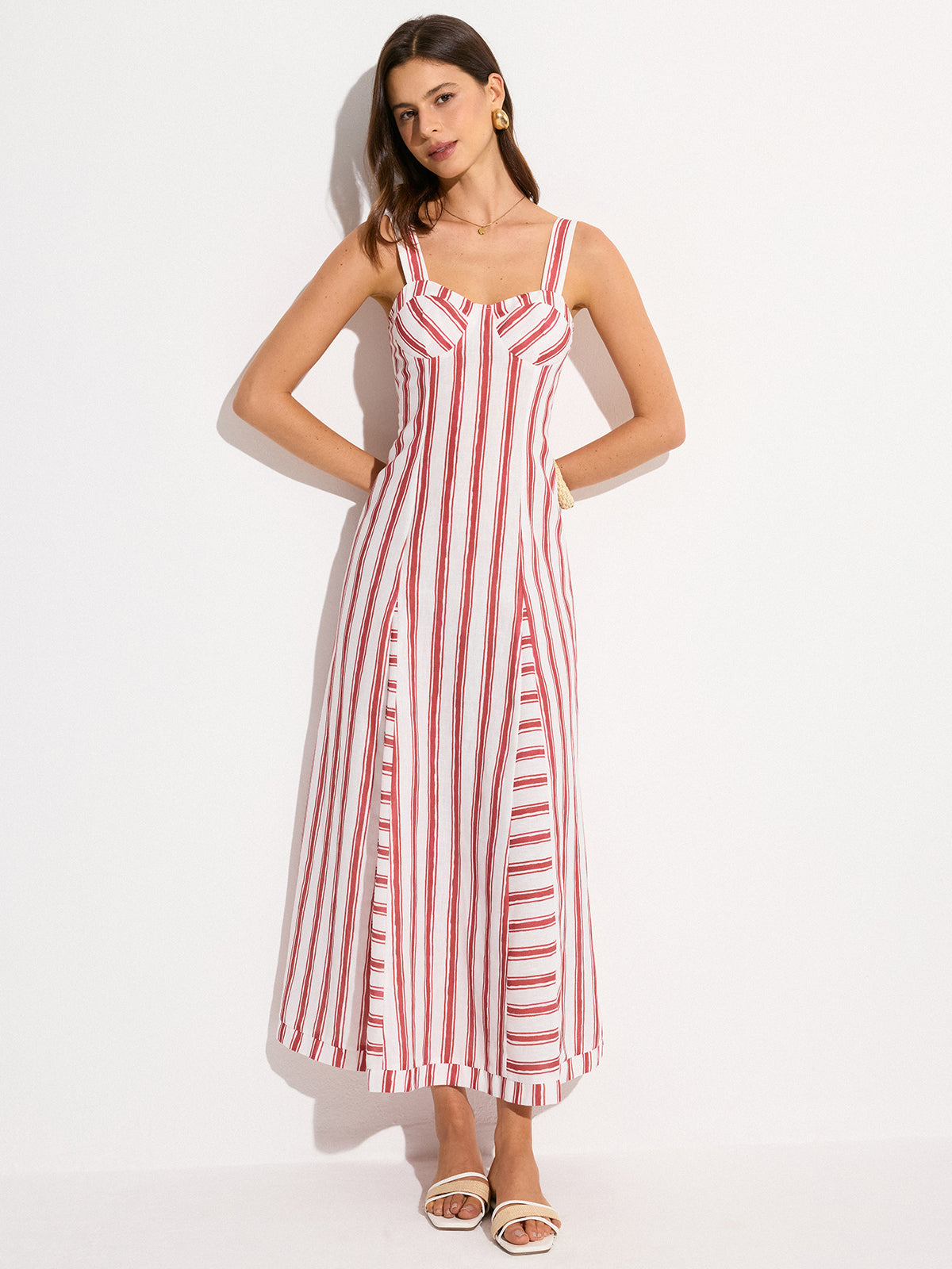 Sleeveless Striped Long Dress with Flowing Skirt