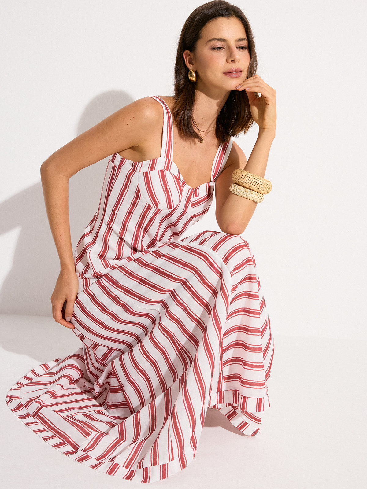 Sleeveless Striped Long Dress with Flowing Skirt