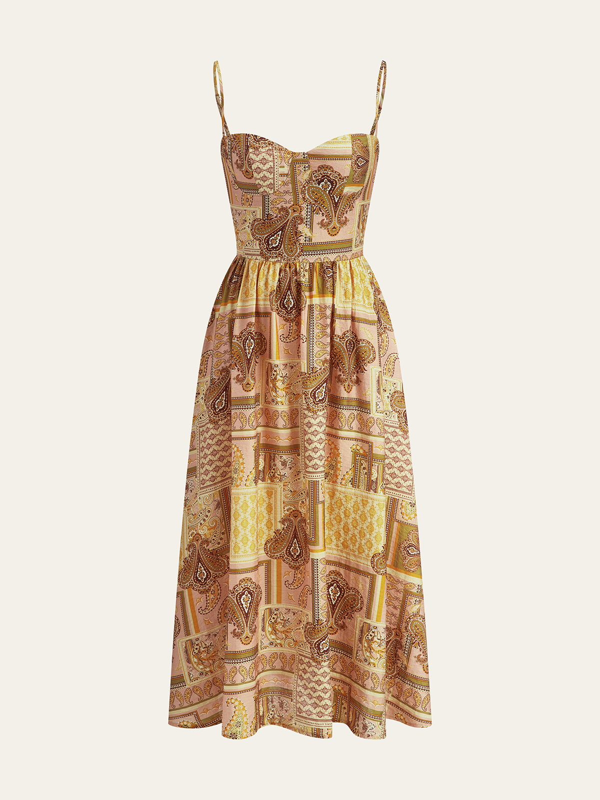 Paisley Patterned Midi Dress with Spaghetti Straps