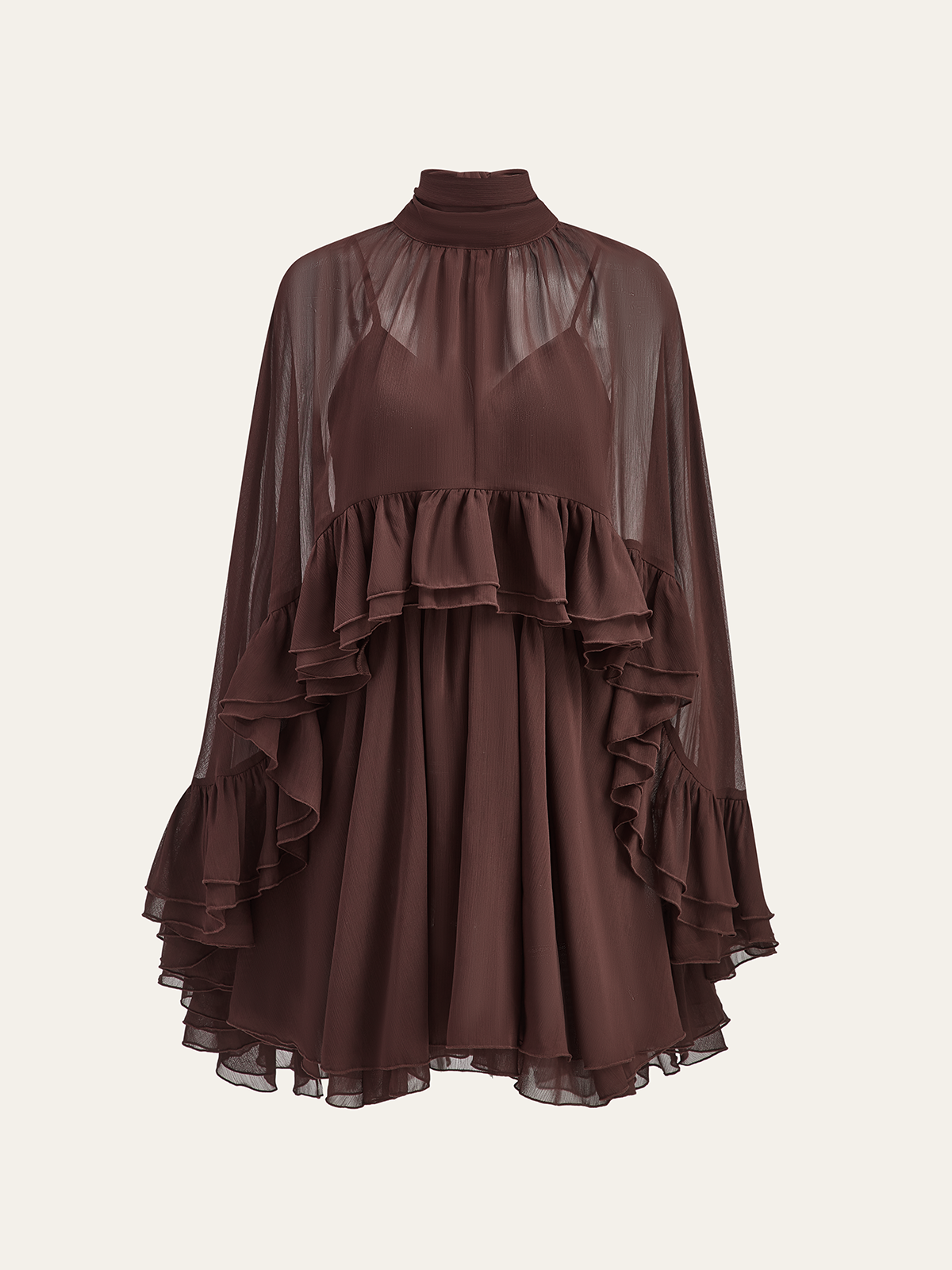 Chiffon Dress with Ruffle Detail and Cape Overlay