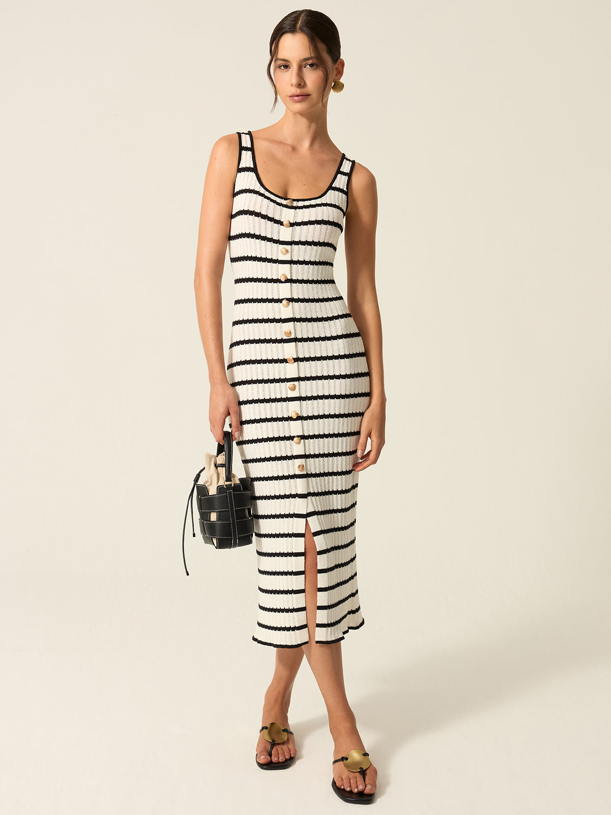 Striped Knit Midi Dress with Button Front, Slit