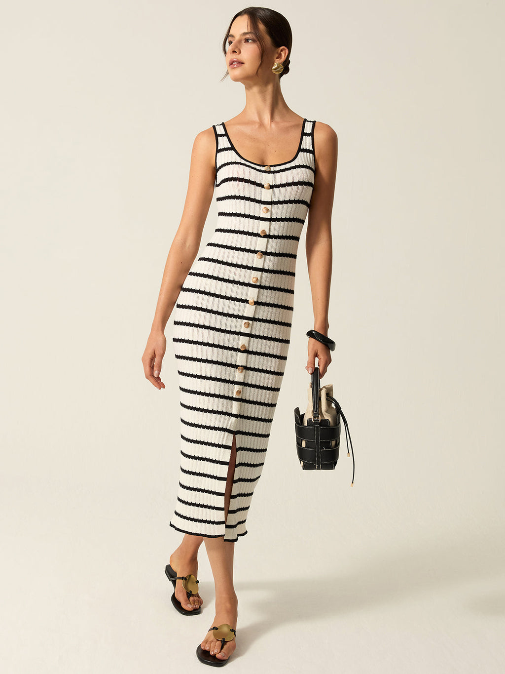 Striped Knit Midi Dress with Button Front, Slit