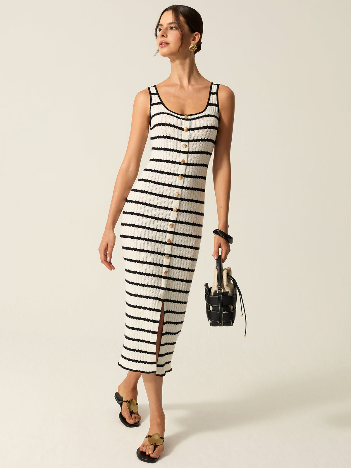 Striped Knit Midi Dress with Button Front, Slit
