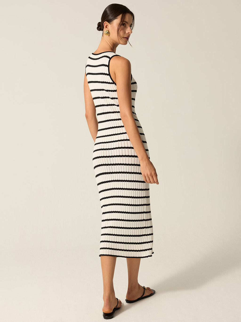 Striped Knit Midi Dress with Button Front Slit