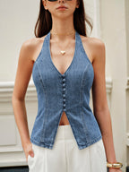 Halter Neck Denim Top with Button Details