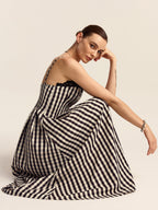 Gingham Midi Dress with Lace Trim Spaghetti Straps