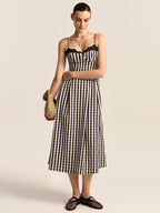 Gingham Midi Dress with Lace Trim Spaghetti Straps