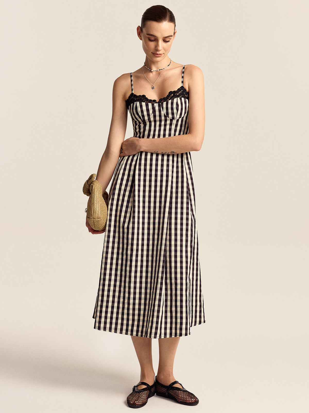 Gingham Midi Dress with Lace Trim Spaghetti Straps