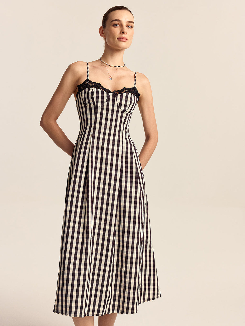 Gingham Midi Dress with Lace Trim Spaghetti Straps