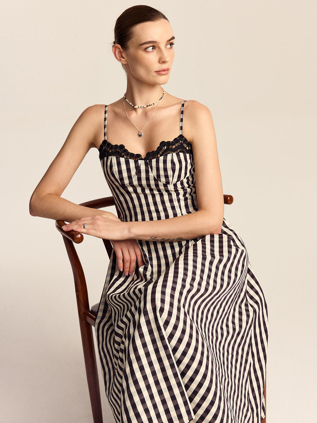 Gingham Midi Dress with Lace Trim Spaghetti Straps