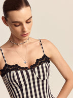 Gingham Midi Dress with Lace Trim Spaghetti Straps