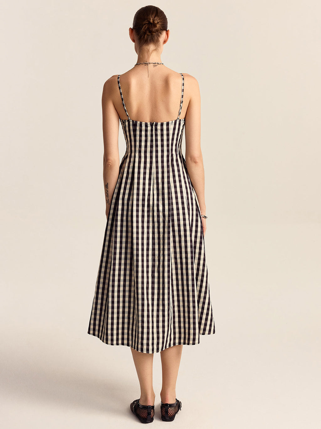 Gingham Midi Dress with Lace Trim Spaghetti Straps