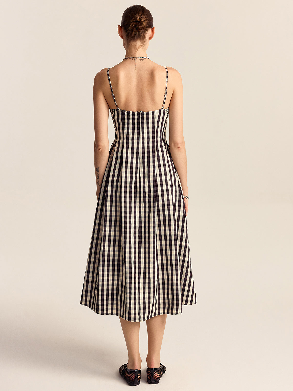 Gingham Midi Dress with Lace Trim Spaghetti Straps