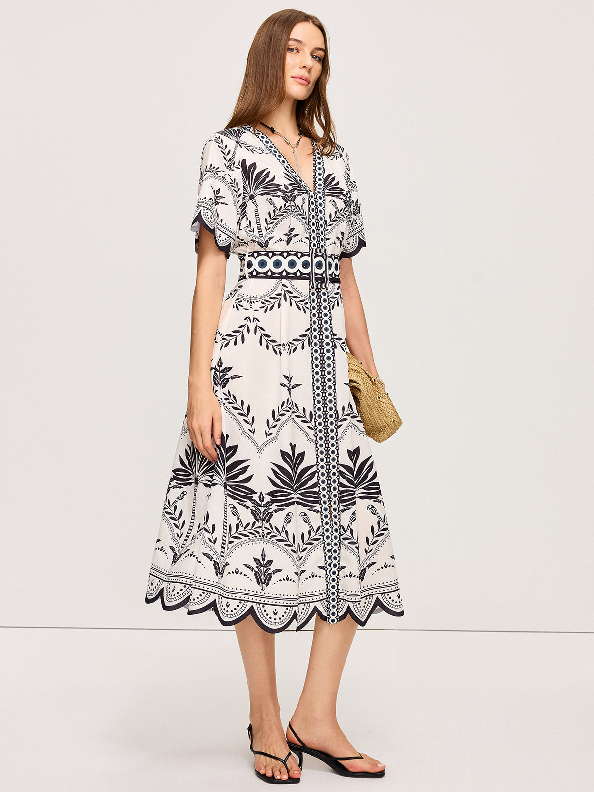Bohemian Floral V-Neck Midi Dress, Casual Fit