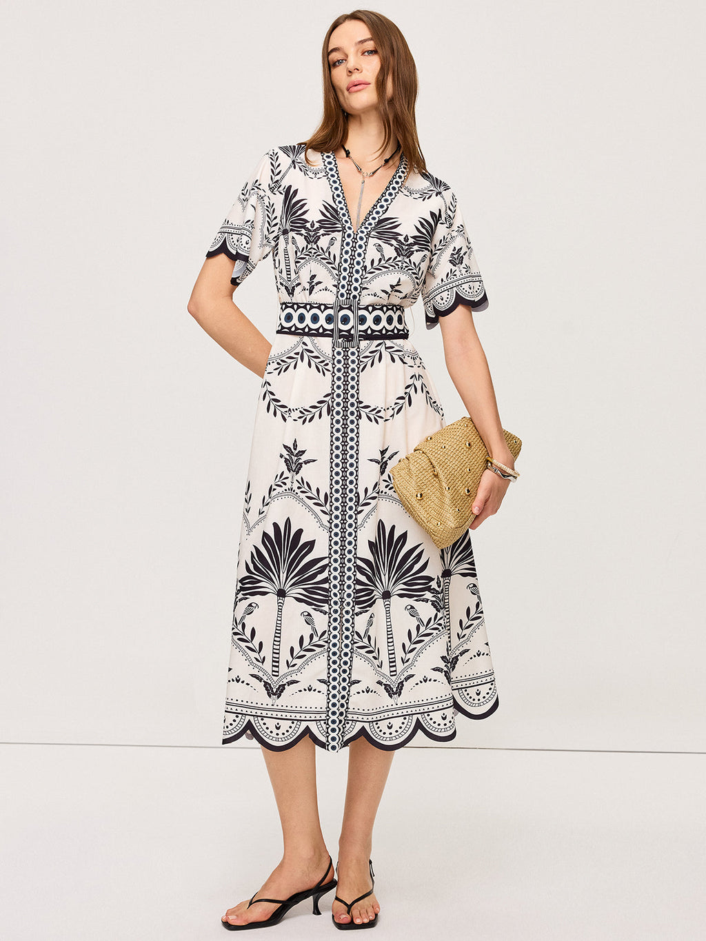 Boho-Inspired Floral Midi Dress with V-Neck Design