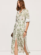 Leaf Print Belted Midi Dress with Side Slits