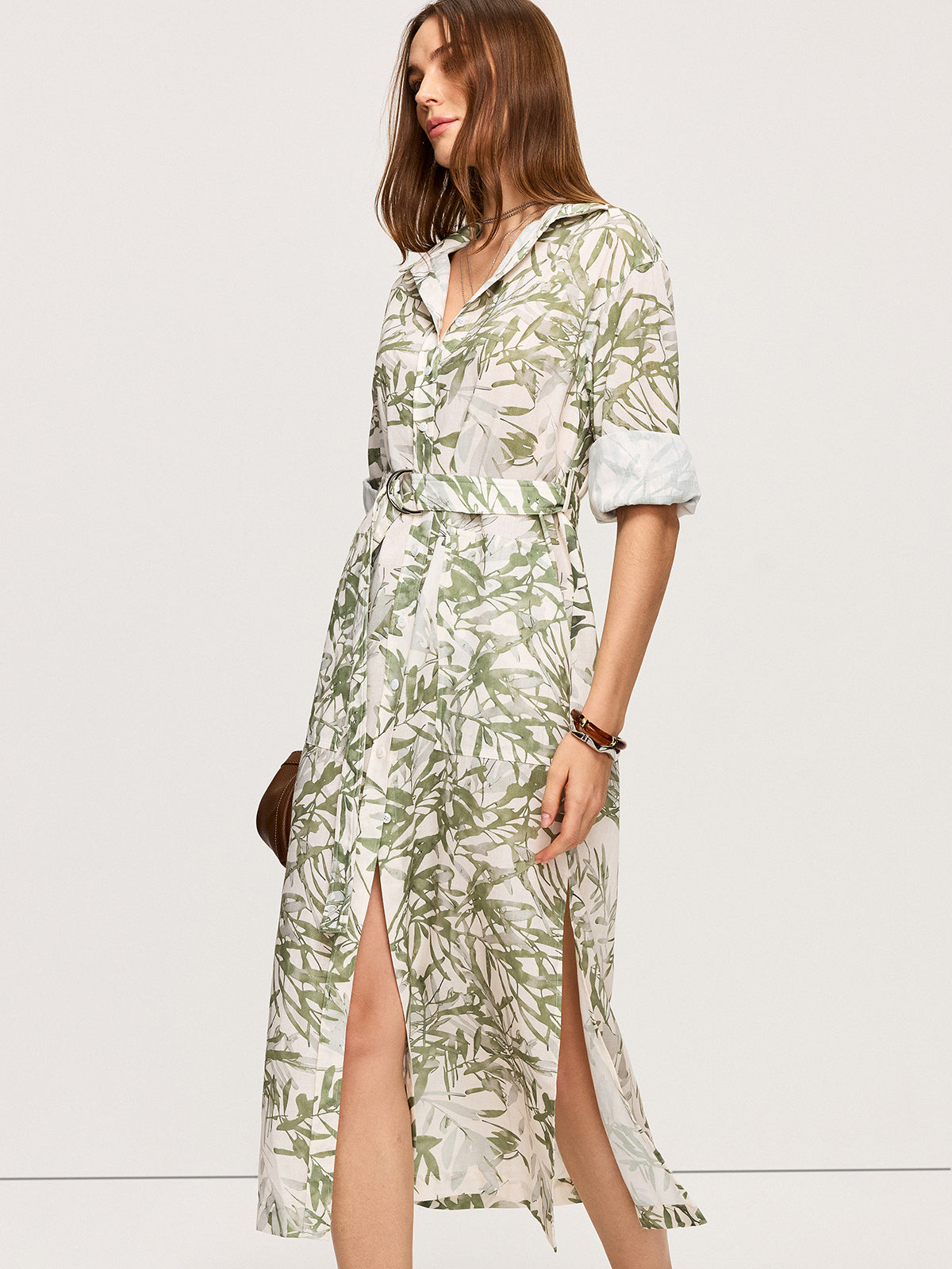Leaf Print Belted Midi Dress with Side Slits