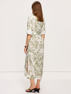 Leaf Print Belted Midi Dress with Side Slits