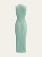 Textured Knit Midi Dress with Ribbed Polo Collar