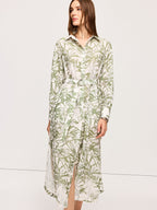 Leaf Print Belted Midi Dress with Side Slits
