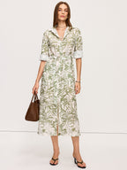Leaf Print Belted Midi Dress with Side Slits