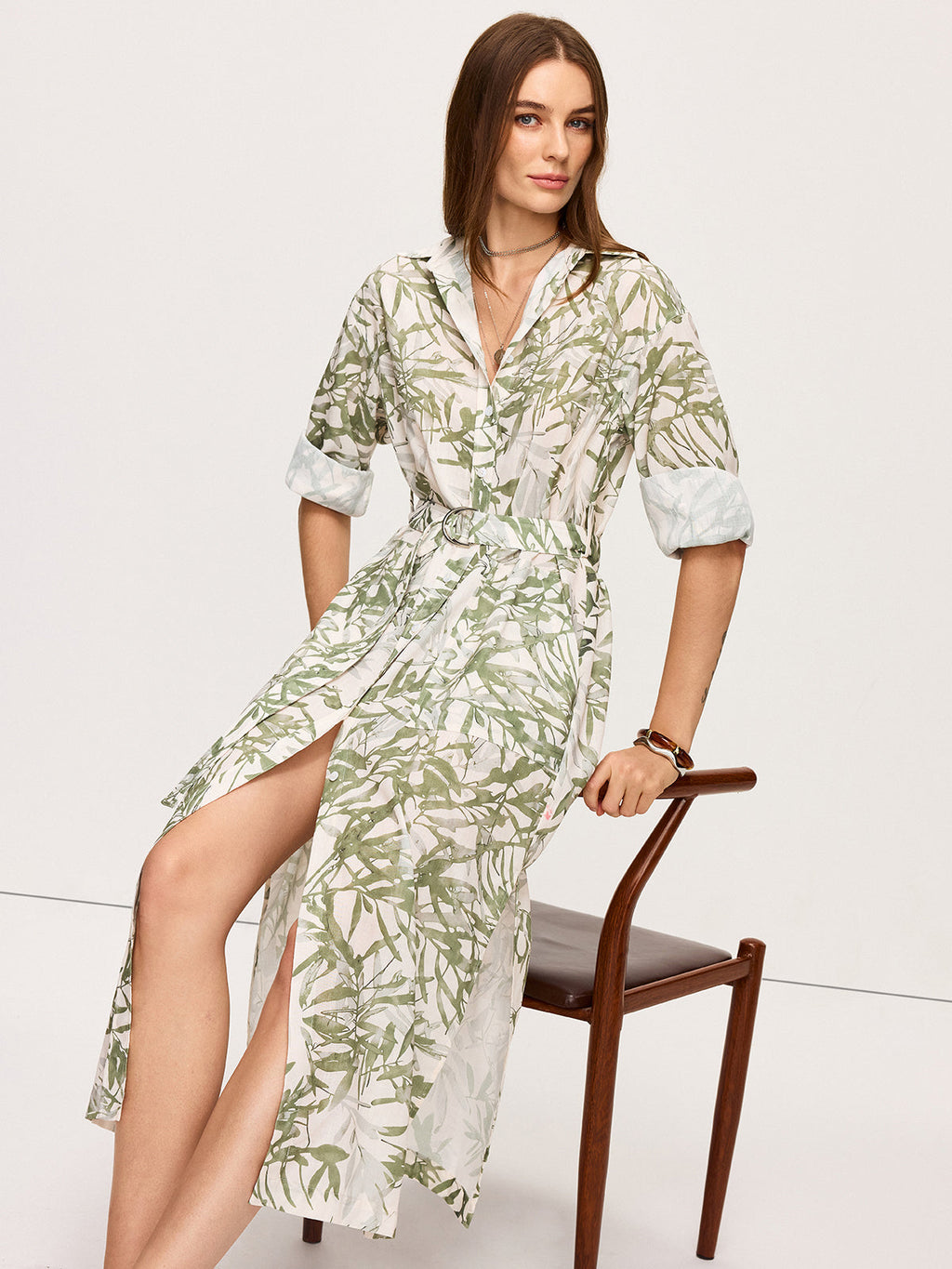 Leaf Print Belted Midi Dress with Side Slits