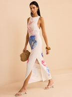 Semi-Sheer Maxi Dress with Ocean Print and Slit