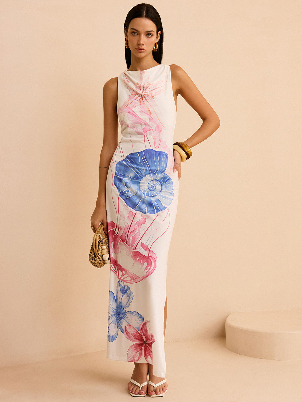 Semi-Sheer Maxi Dress with Ocean Print and Slit