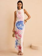 Semi-Sheer Maxi Dress with Ocean Print and Slit
