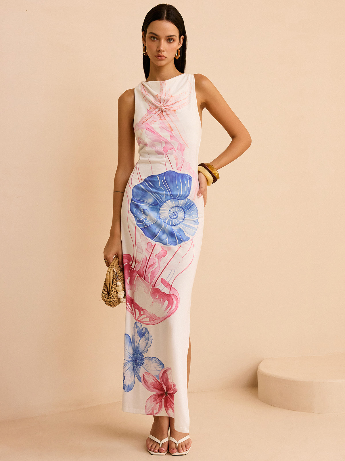 Semi-Sheer Maxi Dress with Ocean Print and Slit