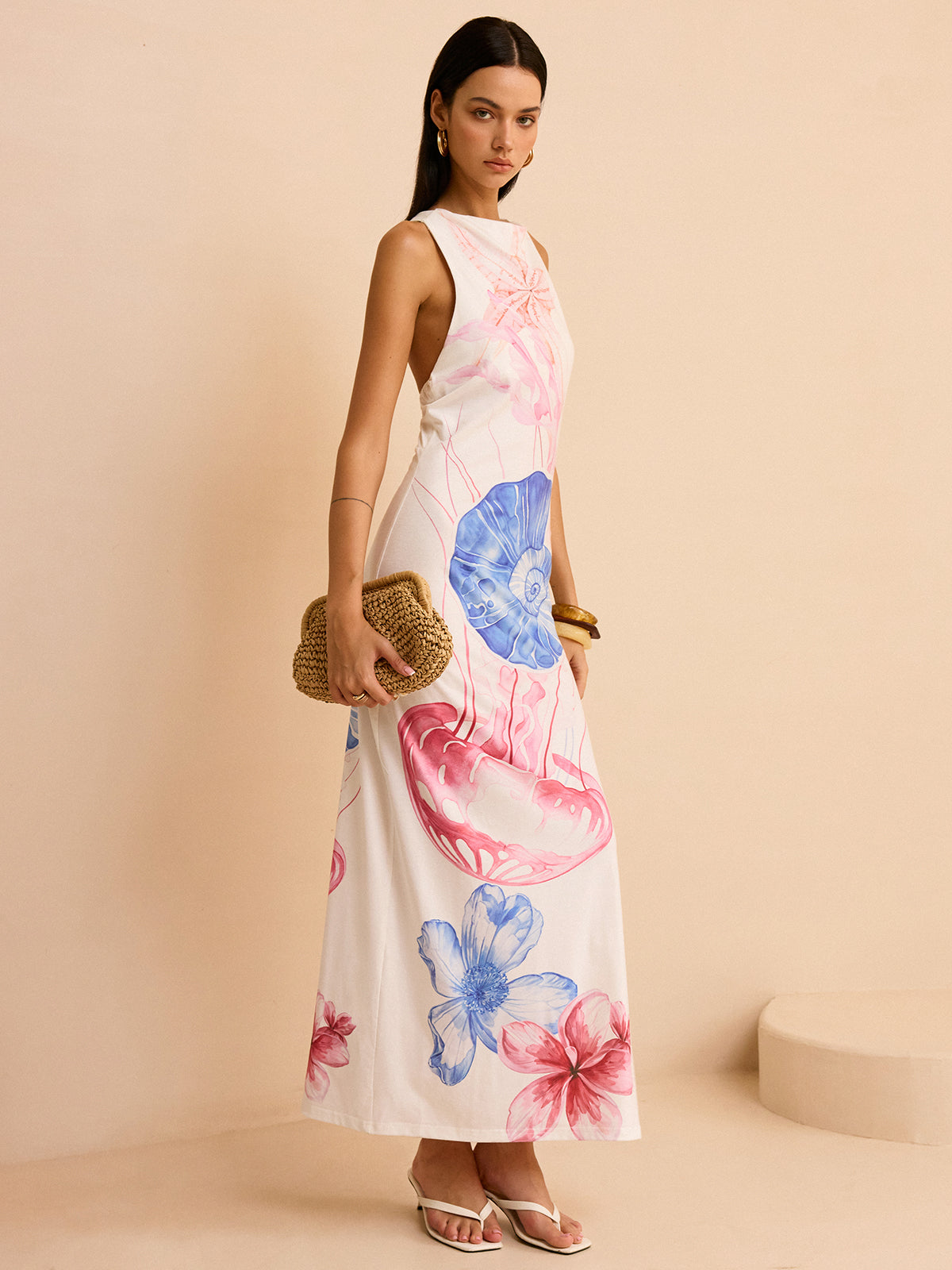 Semi-Sheer Maxi Dress with Ocean Print and Slit