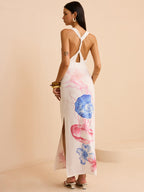 Semi-Sheer Maxi Dress with Ocean Print and Slit