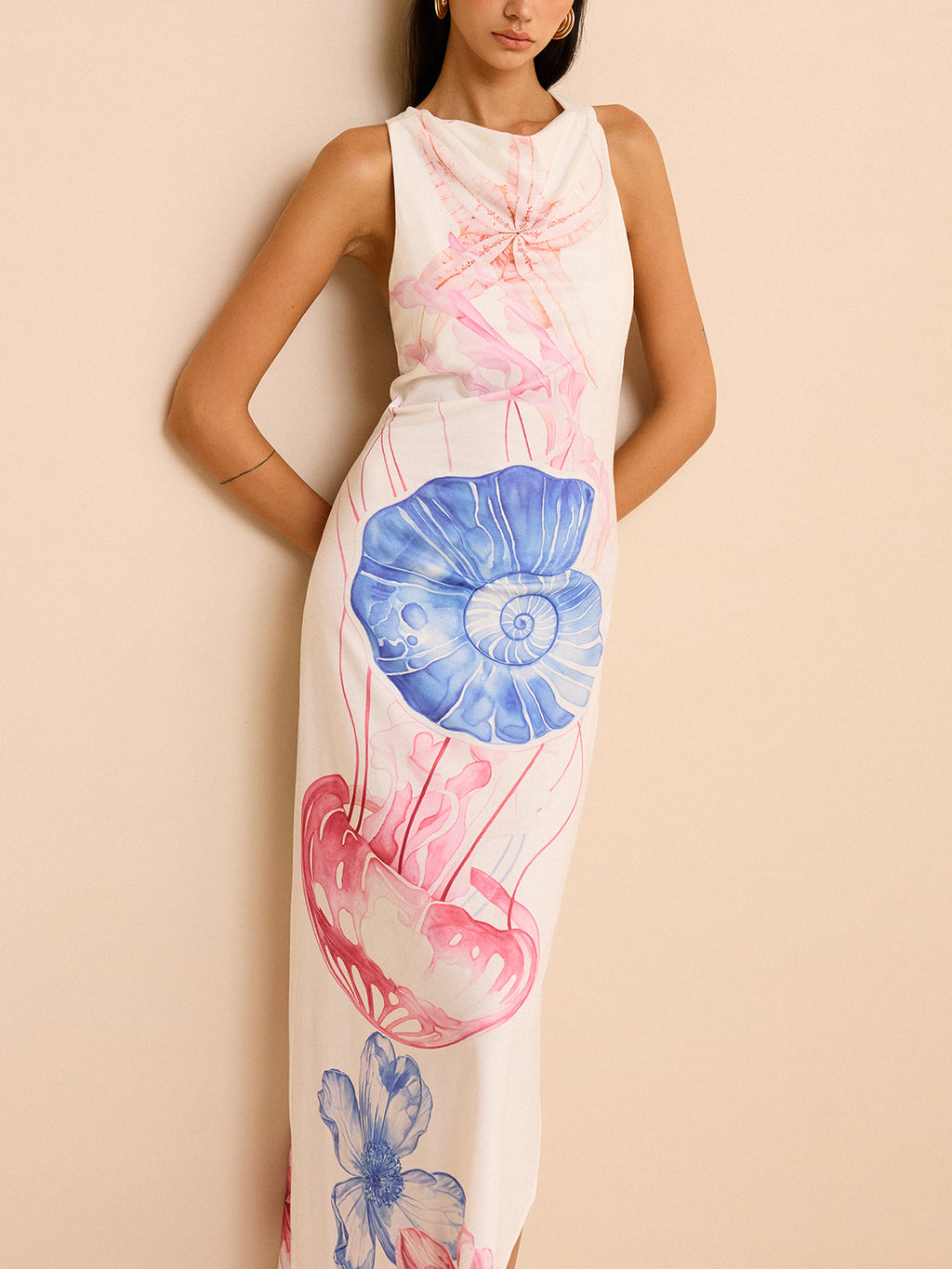 Semi-Sheer Maxi Dress with Ocean Print and Slit