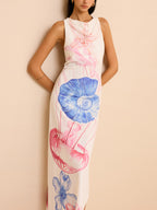 Semi-Sheer Maxi Dress with Ocean Print and Slit