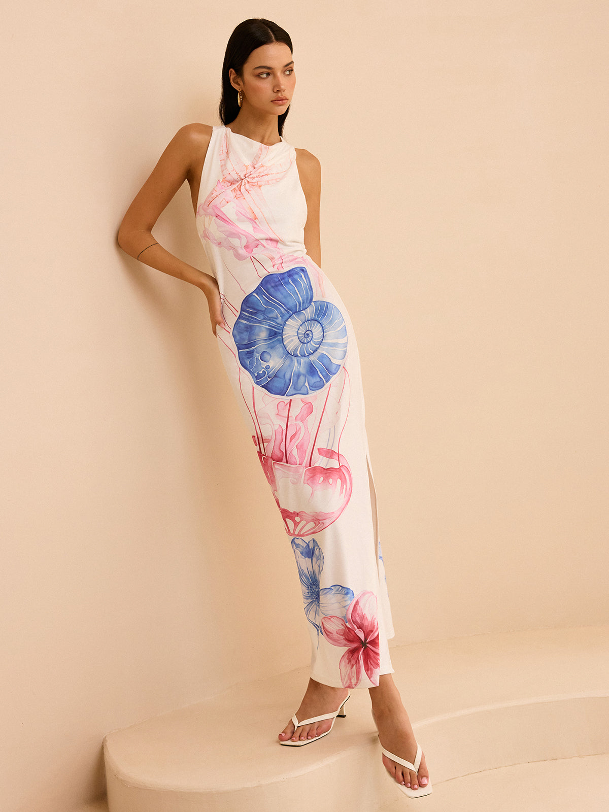 Semi-Sheer Maxi Dress with Ocean Print and Slit