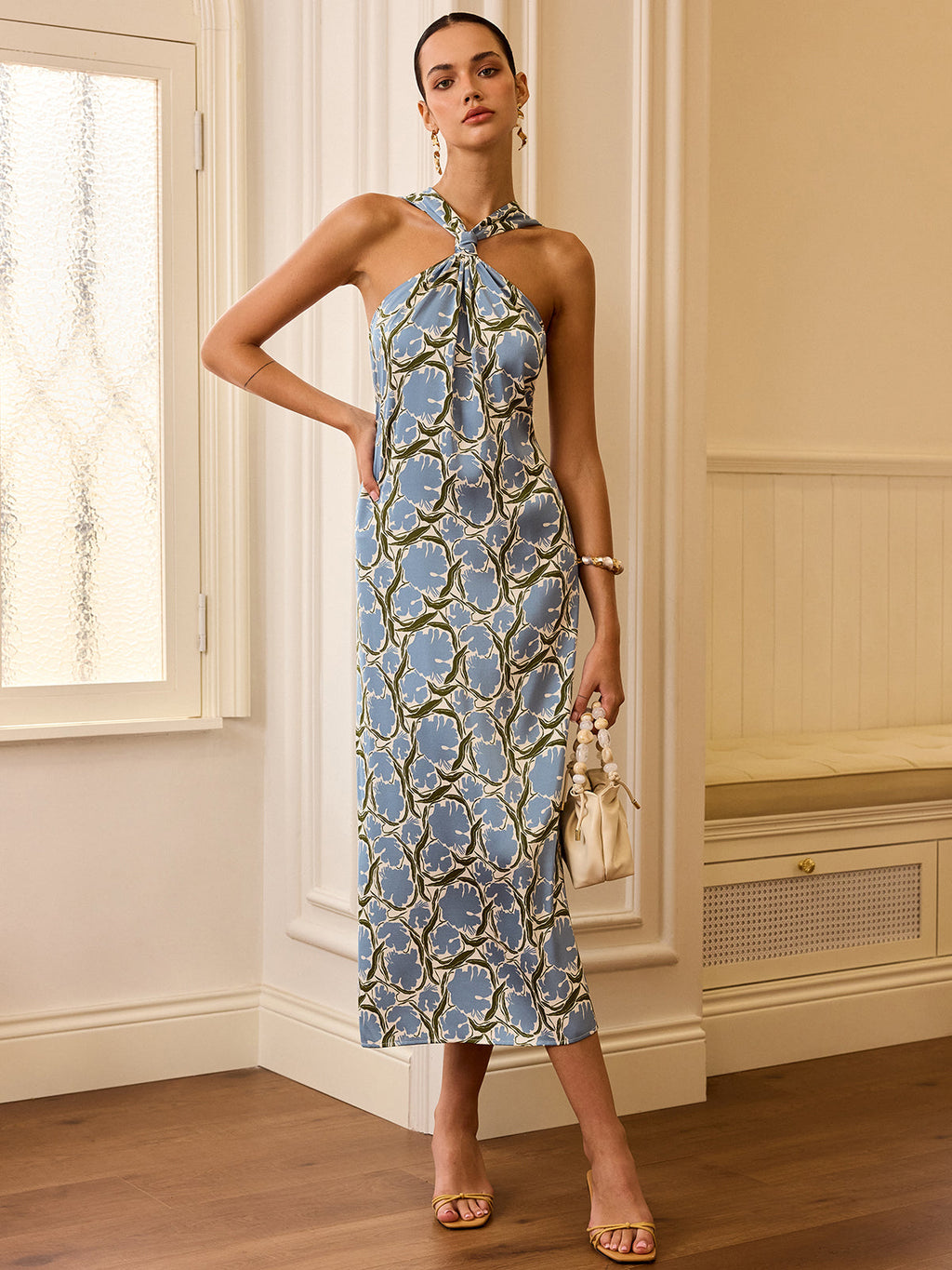 Floral Halter Neck Midi Dress with Vibrant Print