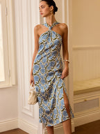 Floral Print Halter Neck Midi Summer Dress