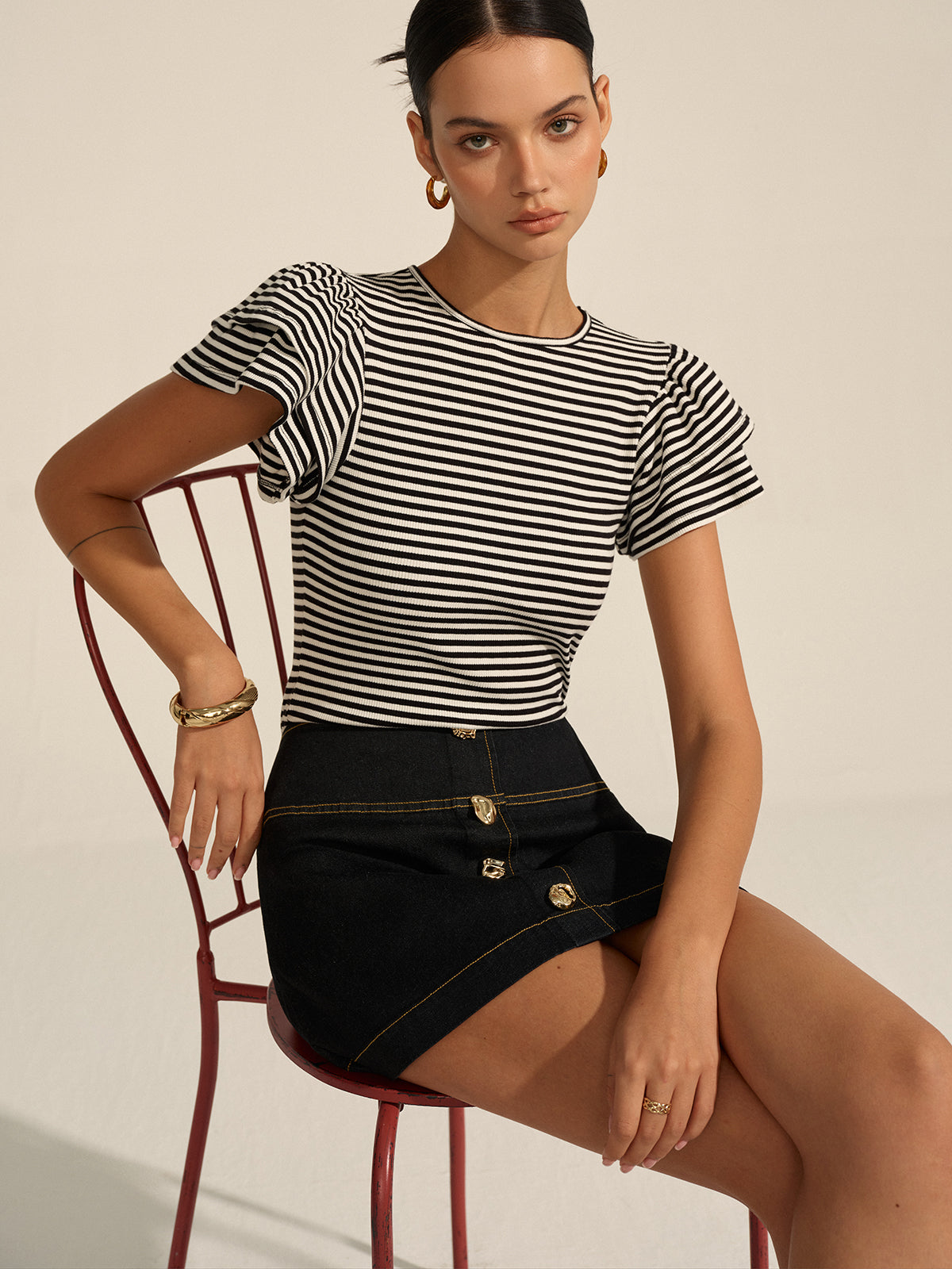 Striped Ribbed Blouse with Cozy Fit