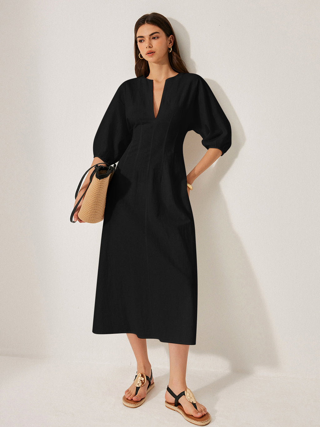 Cotton and Linen Dress with Puff Sleeves