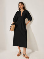Cotton and Linen Dress with Puff Sleeves